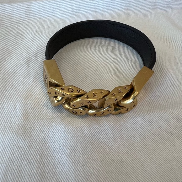Louis Vuitton gold chain links bracelet w/monogram leather band - Picture 5 of 9